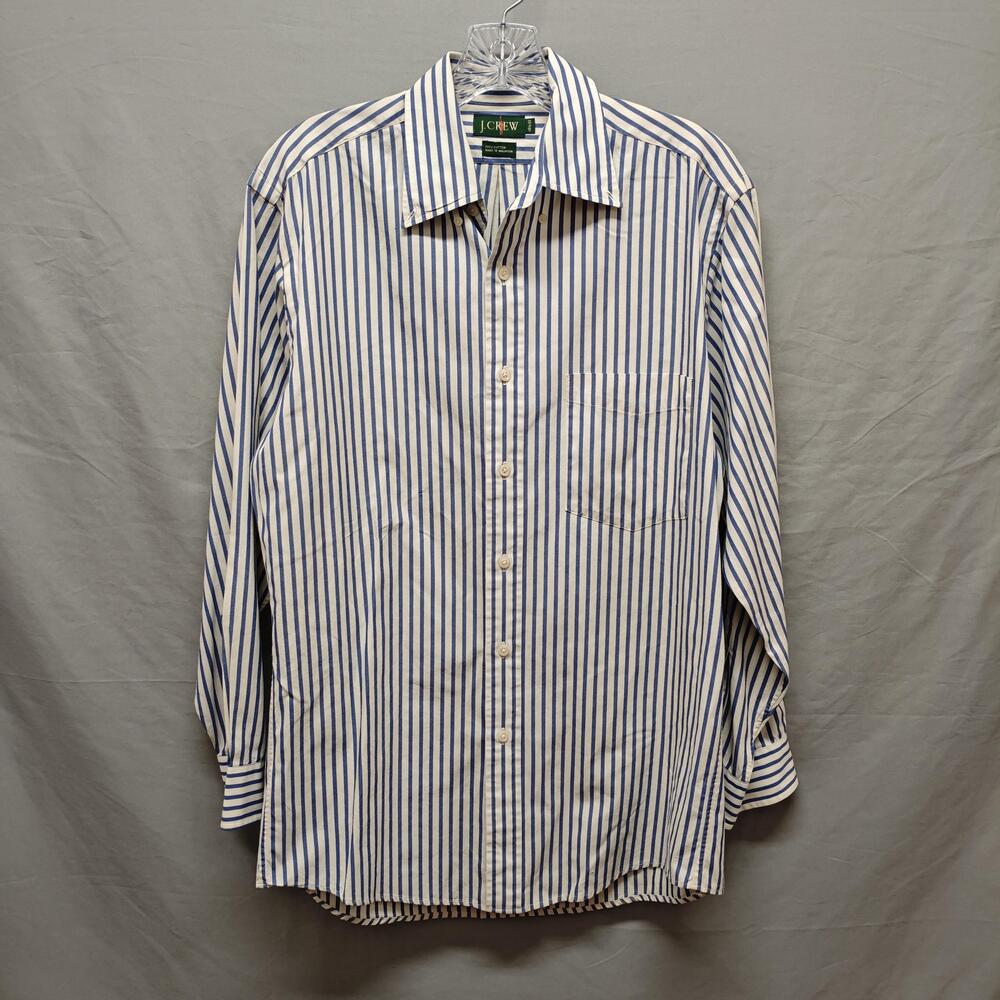 J Crew Dress Shirt Mens 14.5-32 Blue White Stripe 100% Cotton Button Front